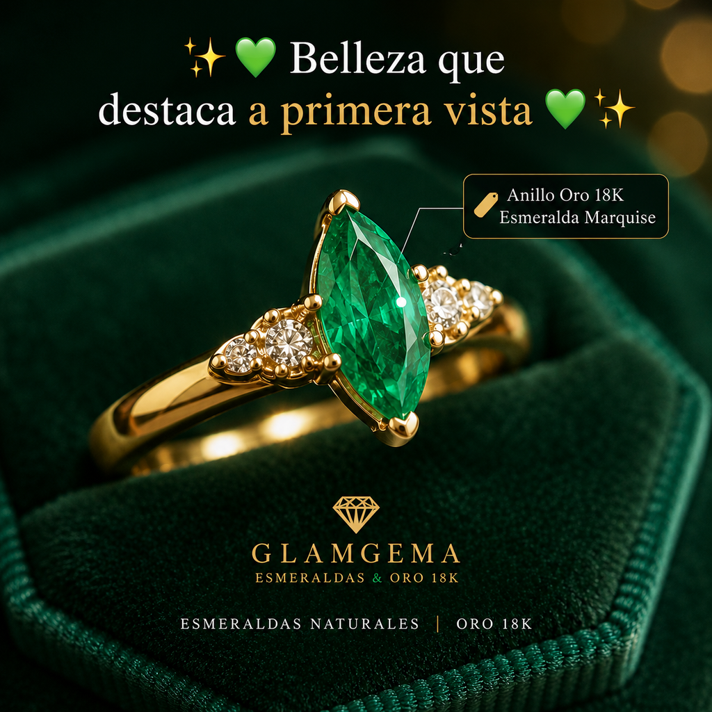 Anillo Esmeralda Talla Marquis con Diamantes en Oro 18K — Talla 7