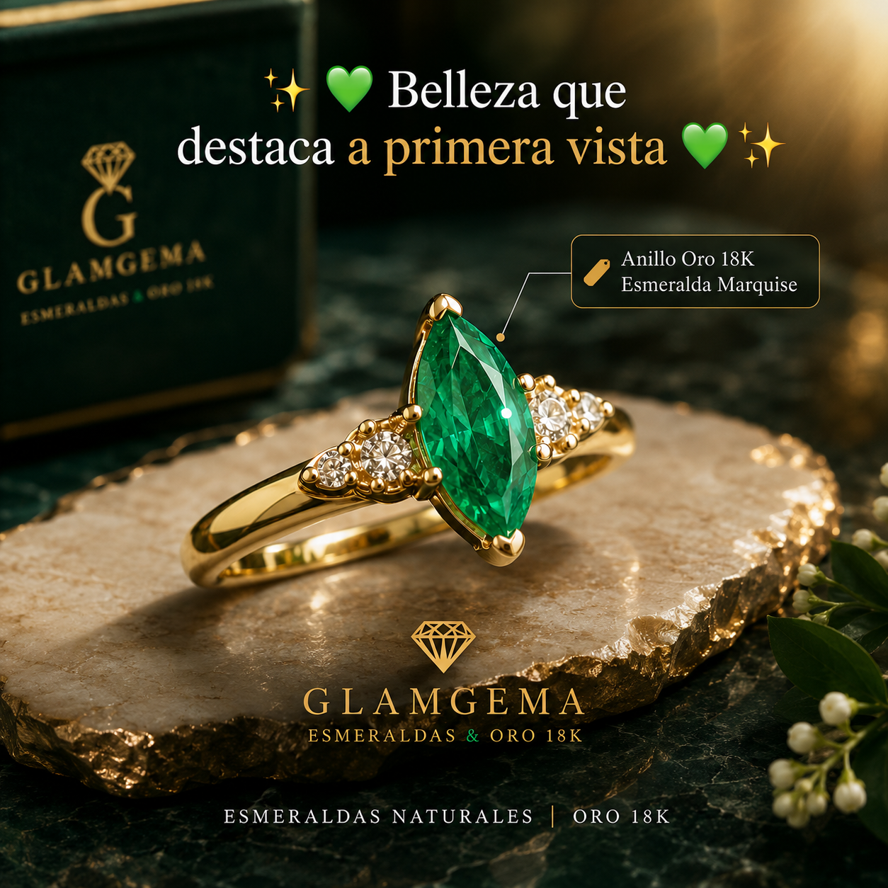 Anillo Esmeralda Talla Marquis con Diamantes en Oro 18K — Talla 7