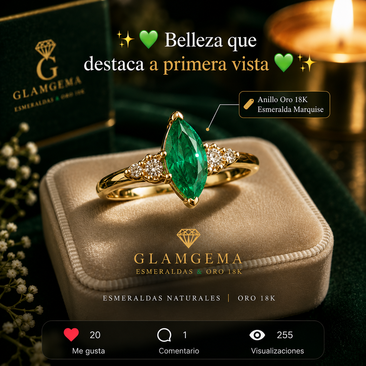 Anillo Esmeralda Talla Marquis con Diamantes en Oro 18K — Talla 7