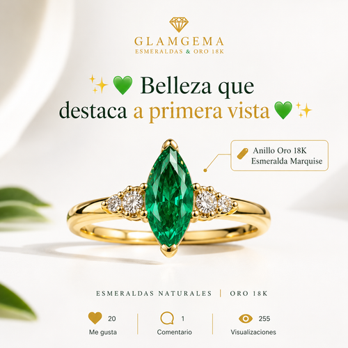 Anillo Esmeralda Talla Marquis con Diamantes en Oro 18K — Talla 7