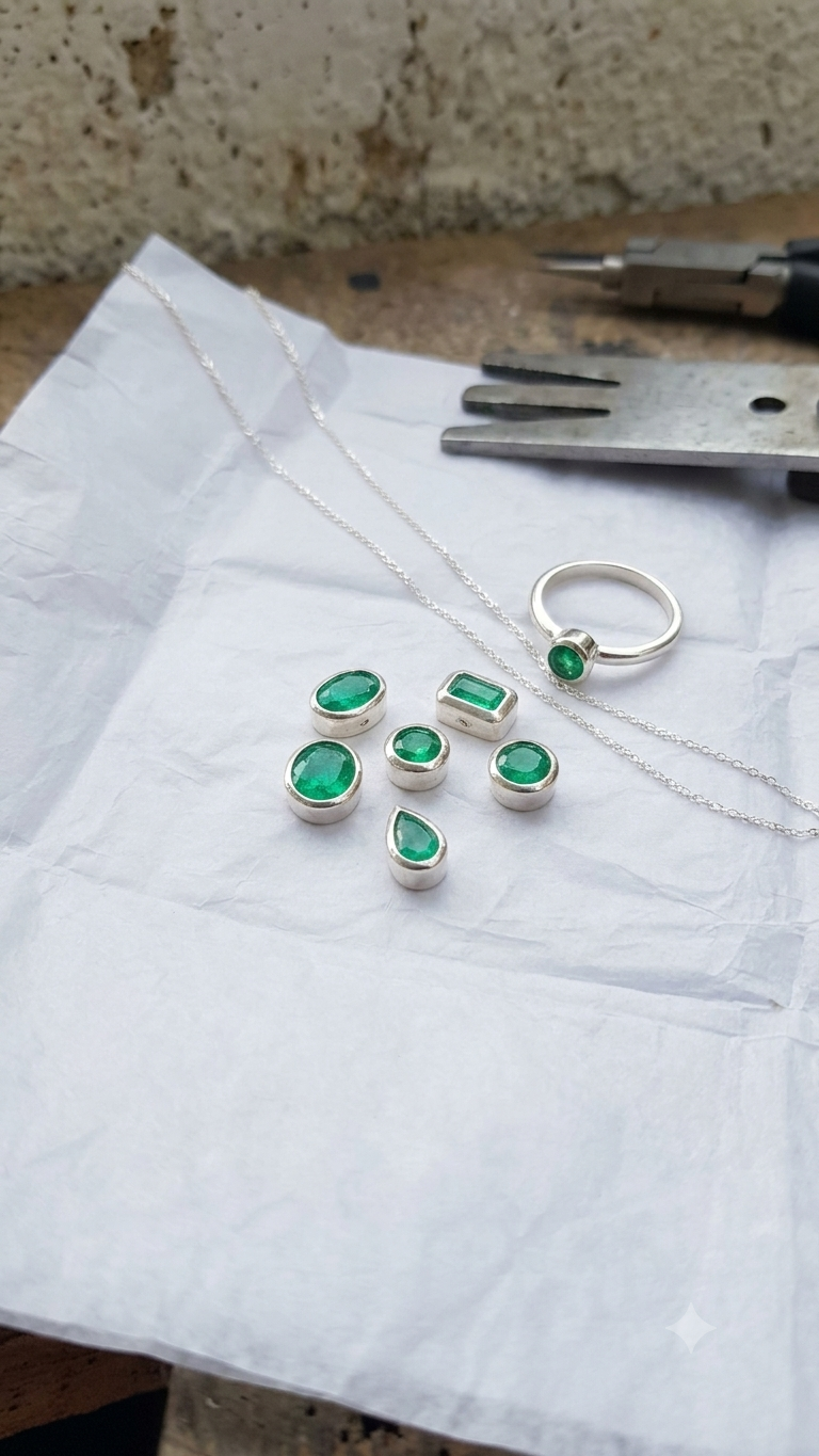 Cajas en Plata con Esmeralda Natural para Pulseras