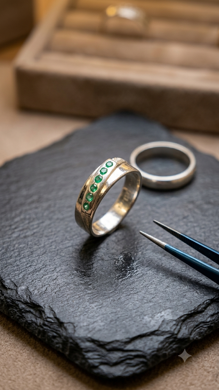 Anillo para Hombre en Plata Ley 950 con Esmeraldas Naturales Colombianas