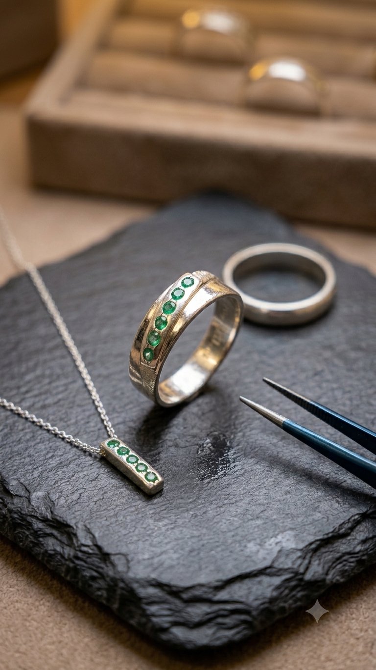 Anillo para Hombre en Plata Ley 950 con Esmeraldas Naturales Colombianas