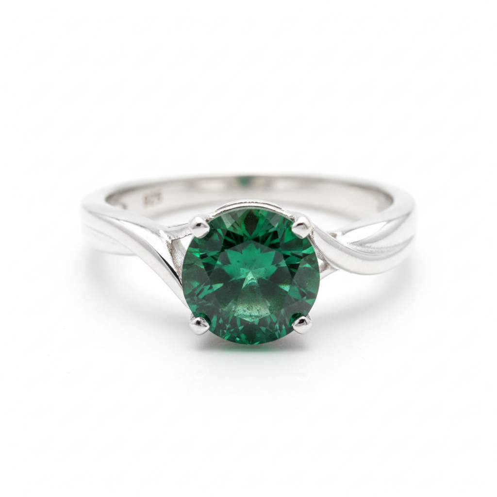 Anillo Plata Ley 925 con Esmeralda Talla Redonda