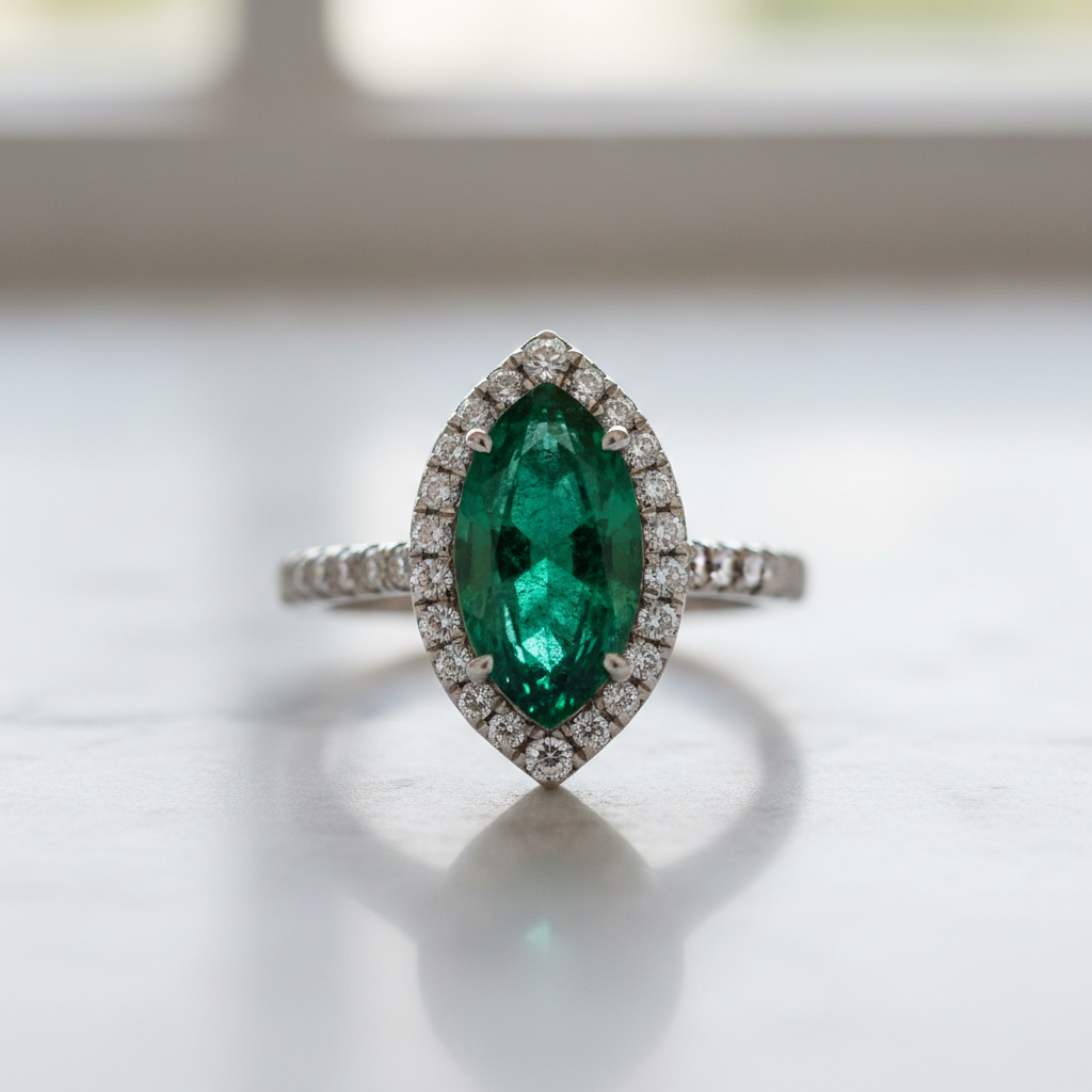 Anillo en Oro 18K blanco con esmeralda natural colombiana talla marquis y diamantes