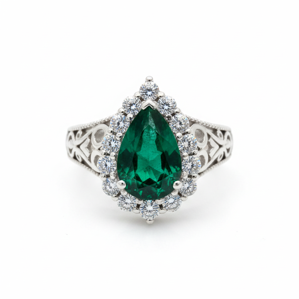 Anillo en Plata Ley 950 con Esmeralda Natural Colombiana Corte Gota