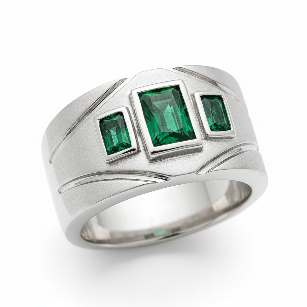 Anillo para hombre en Plata Ley 950 con esmeraldas naturales colombianas